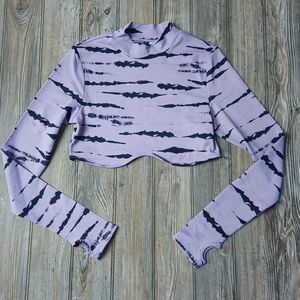 Divided Striped Tie Dye Style Long Sleeve Mock Neck Crop Top